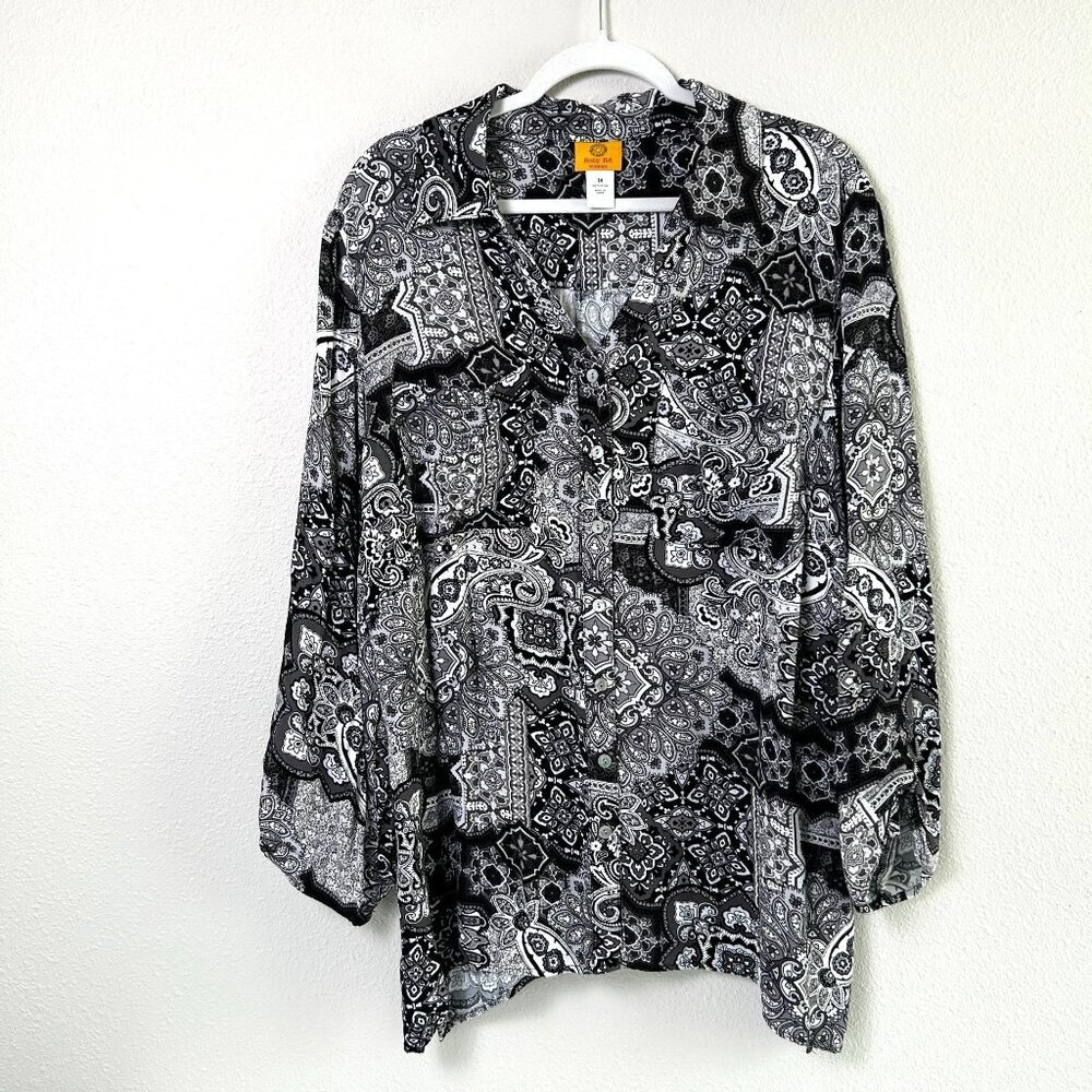 Ruby Rd Top Plus Size 1X Black Gray Paisley Roll Tab Sleeve Button Front